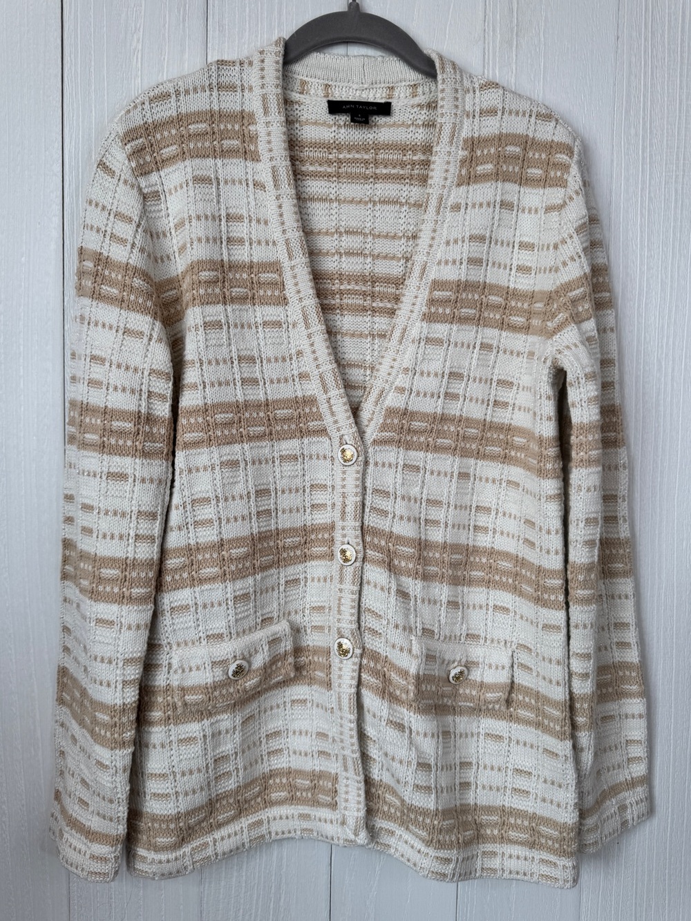 Ann Taylor Cream Beige Plaid Knit Cardigan Sweater Gold Crest Buttons S